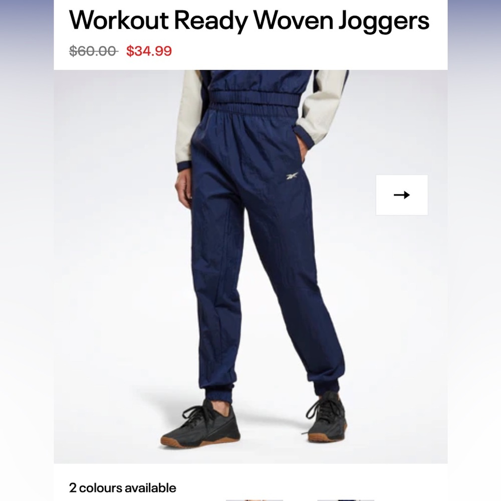 NWT Reebok Workout Ready Woven Joggers in Vector Navy- size S